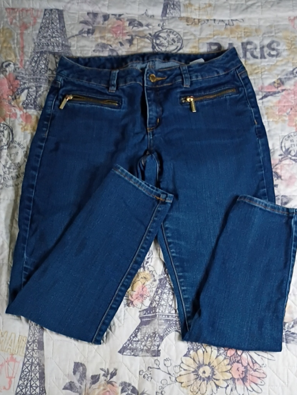 Michael Kors Women's Dark Blue Skinny Jeans with Gold Zips Size 4